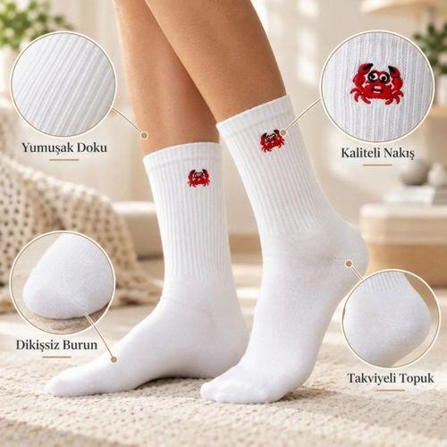 Unisex Çorap Beyaz Hayvan Nakışlı 3'lü Set Yengeç Yılan Kedi Desenli Uzun Soket Günlük Spor Çorabı