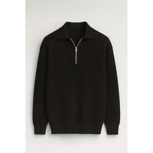 Gibson Oversize Yarım Fermuar Gömlek Polo Yaka Selanik Örme Erkek Triko Kazak - Siyah