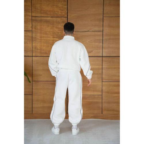 Erkek Premium Parçalı Eşofman Takım - Dik Yaka Fermuarlı Biyeli Sweatshirt Lastik Paça Alt, Oversize 3 Iplik Şardonlu - Beyaz
