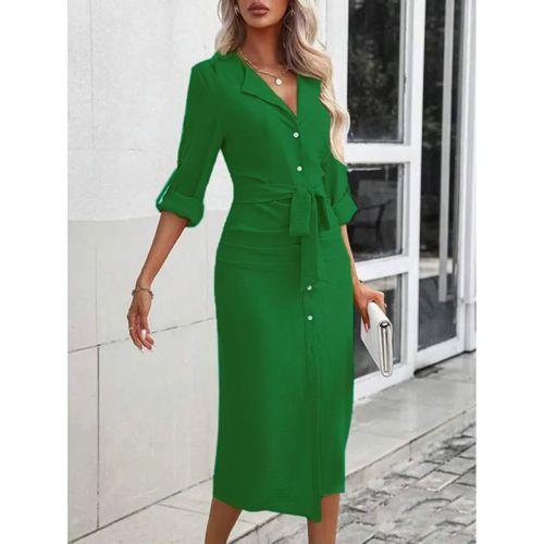 Kadın Uzun Kollu önden Düğmeli Beli Kuşaklı Aerobin Midi Elbise