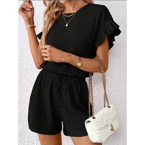 Kadın Kısa Kollu Bisiklet Yaka Bürümcük Bluz Ve Kısa Short Ikili Takım