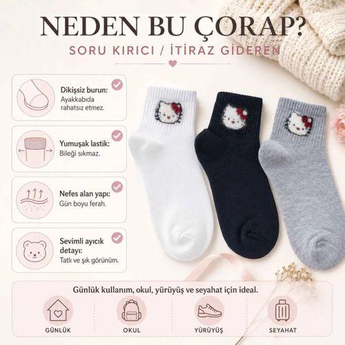 Kadın Sevimli Kedi Desenli Bilek Çorap 12'lı | %80 Pamuklu Dikişsiz, Siyah Beyaz Gri