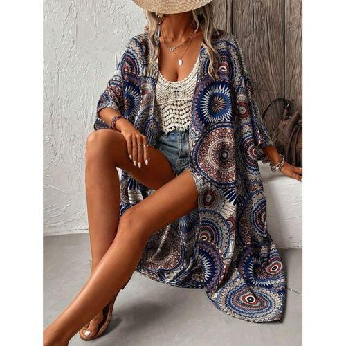 Kadın Kısa Kollu önü Açık Belden Kuşaklı Uzun Kimono