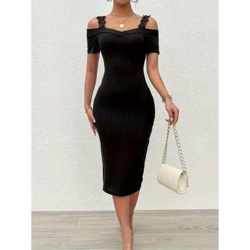 Kadın Omuzlardan Açık Dantel Askılı Fitilli Kaşkorse Midi Elbise
