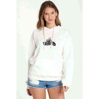 Motorsiklet Baskılı Beyaz Kadın Kapşonlu Sweatshirt