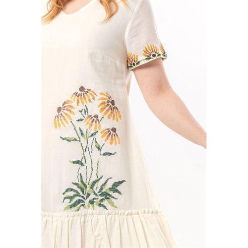 Kısa Kol Dilek Vual V Yaka Yazlık Nakışlı Günlük Kısa Elbise Krem Krm