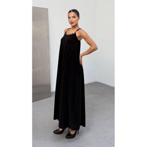 Kadın Omuz Askılı Kuş Gözü Zincir Detay Sandy Kumaş Maxi Boy Elbise