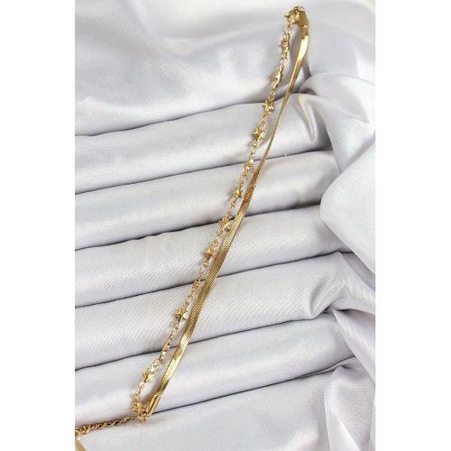 316L Çelik Gold Renk Yıldız Zincir ve İtalyan Zincirli 2'li Kadın Bileklik