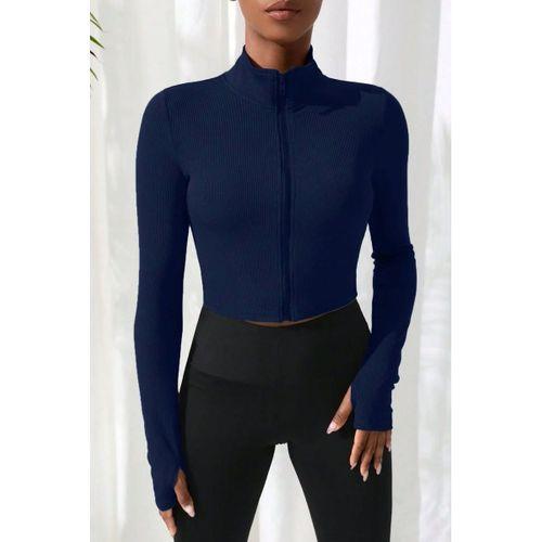 Kadın Lacivert Dik Yaka Fermuarlı Uzun Kollu Parmak Geçmeli Crop Top Spor Bluz