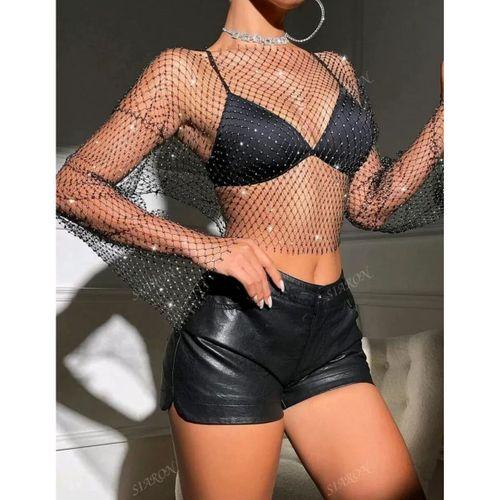 Kadın Siyah Kristal Taşlı File Crop