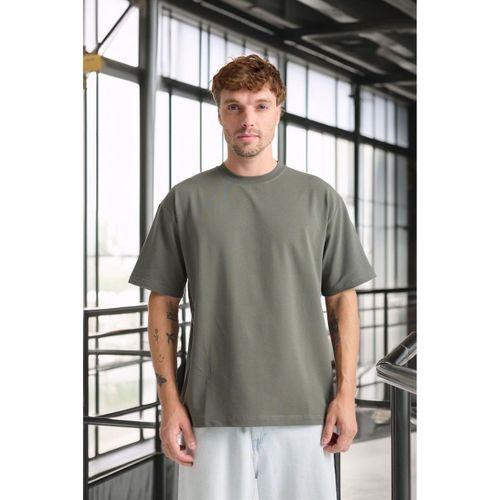 İki İplik Kumaş Pamuklu Bisiklet Yaka Basic Oversize Erkek T-Shirt - Avcı Yeşili