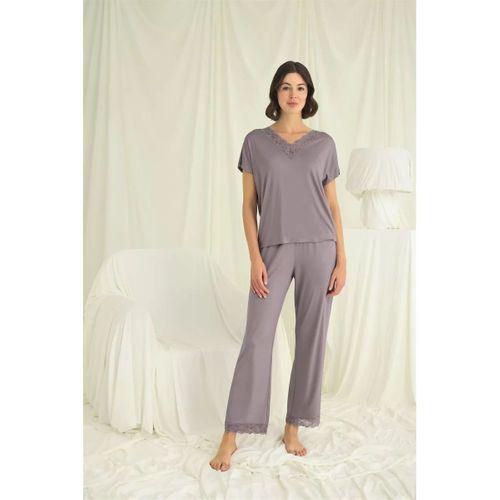 Kısa Kollu V Yakalı Dantelli Pijama Takımı