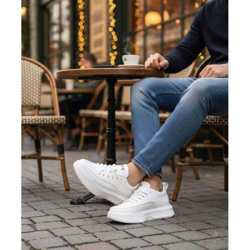 BA0332 Merdiven Desen Bağcıklı Erkek Yüksek Taban Beyaz Cilt Spor Ayakkabı