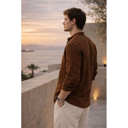 Hafif ve Nefes Alabilir Erkek Müslin Yarım Pat Hakim Yaka Oversize Gömlek - Kahve