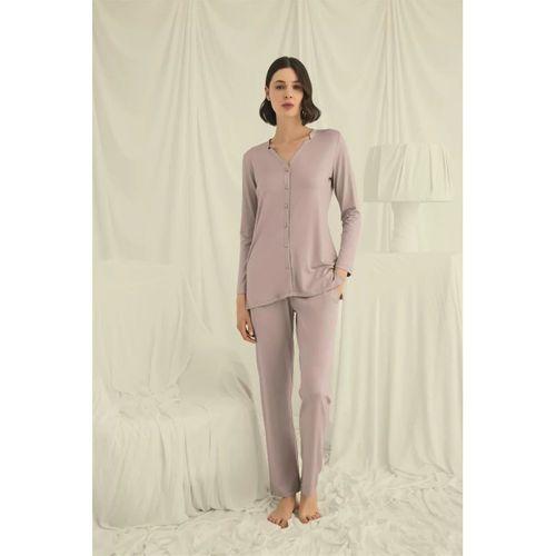 Uzun Kollu Düğmeli V Yaka Pijama Takımı