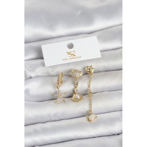 Pirinç Gold Renk Zirkon Taşlı Deniz Temalı 3'lü Kadın Küpe