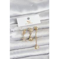 Pirinç Gold Renk Zirkon Taşlı Deniz Temalı 3'lü Kadın Küpe