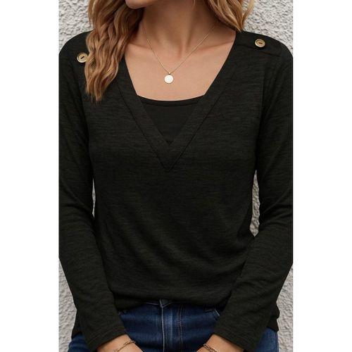 Kadın Uzun Kollu V Yaka Düğme Detaylı Yumoş Bluz
