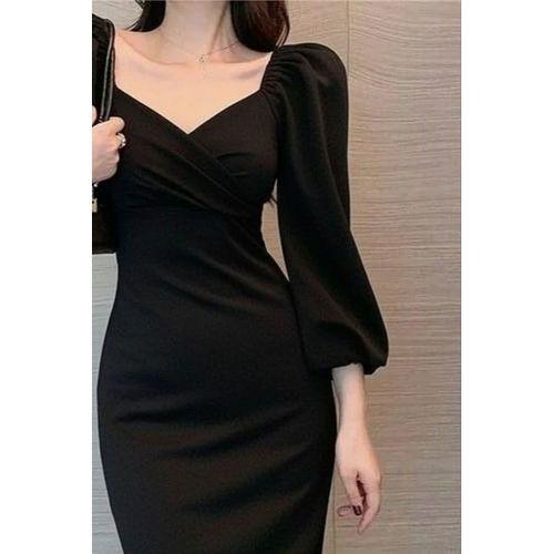 Kadın Uzun Kollu Kalp Yakalı Midi Ithal Krep Elbise