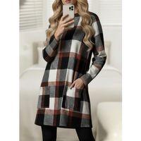 Kadın Uzun Kollu Yarı Balıkçı Yakalı Cep Detaylı Ekoseli Dokuma Tunik