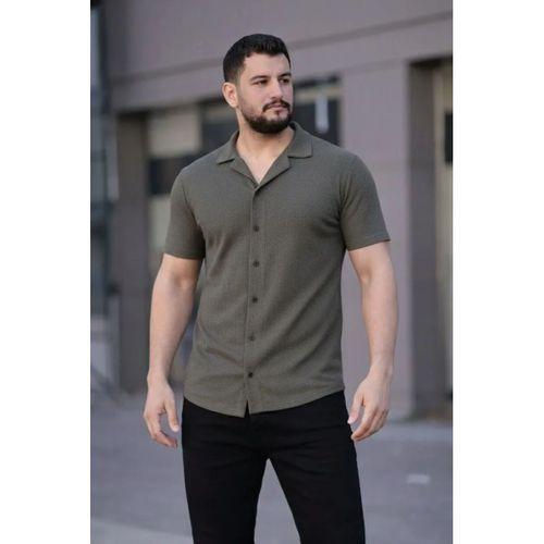 Erkek Waffle Kumaş Kısa Kollu Düğmeli Açık Yaka Regular Fit Gömlek - Haki