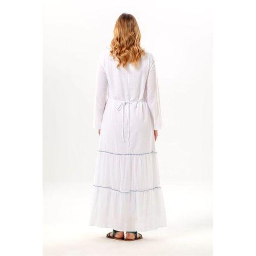 Uzun Kol Venedik Nakışlı Şile Bezi Otantik Uzun Elbise Beyaz Byz