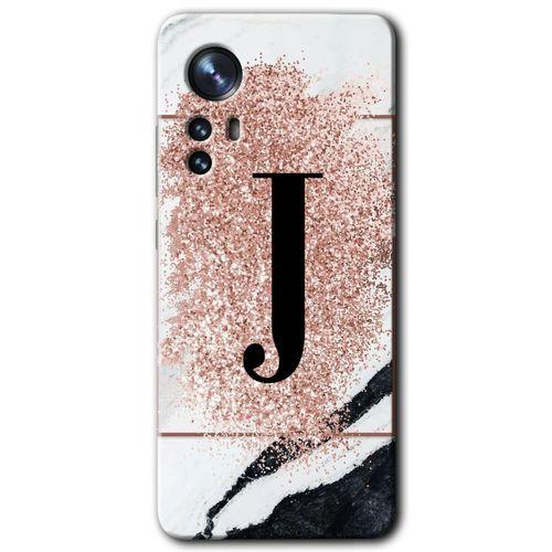 MRCİLETİSİM Xiaomi Mi 12 Pro Kılıf HD Desen Baskılı Arka Kapak + Temperli Cam - Pembe Mermer Desenli J Harfi