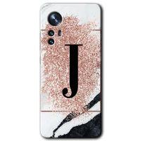 MRCİLETİSİM Xiaomi Mi 12 Pro Kılıf HD Desen Baskılı Arka Kapak + Temperli Cam - Pembe Mermer Desenli J Harfi