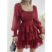 Kadın Uzun Kollu Kare Yaka Beli Lastikli Volanlı şifon Elbise