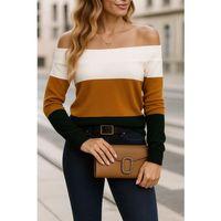 Kadın Uzun Kollu Omuzlardan Açık Uzun Kollu Blok çizgili Triko Bluz