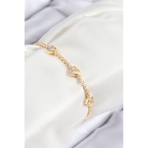 Pirinç Zirkon Taşlı Sıralı Kalp Model Gold Renk Kadın Bileklik