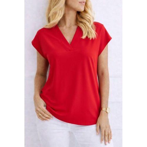 Kadın V Yaka Kısa Kol Dokuma Viskon Kumaş Bluz