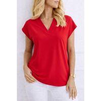 Kadın V Yaka Kısa Kol Dokuma Viskon Kumaş Bluz