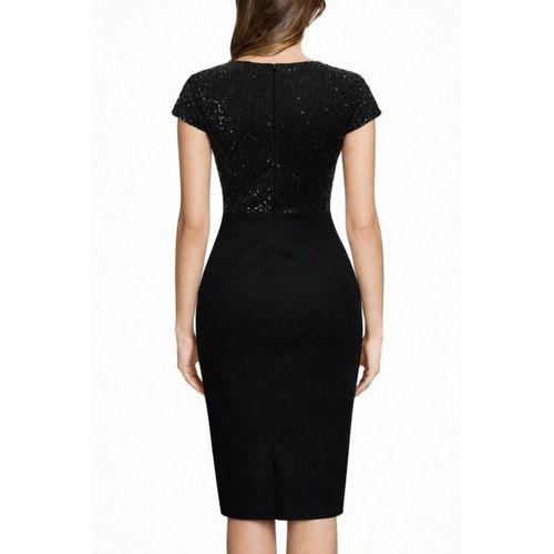 Kadın Kısa Kollu Kruvaze Yakalı ışıltı Detaylı Midi Ithal Krep Elbise