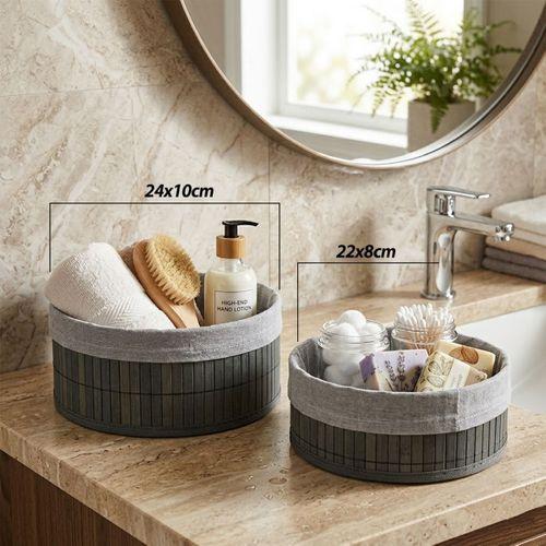 Yuvarlak Organizer Sepet - Bambu Kenarlı Ahşap Taban Bezli (Çap 22x24 cm)