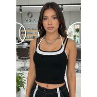 Kadın Siyah Beyaz Çift Renk Çapraz Askılı Crop Top Bluz Şık Esnek