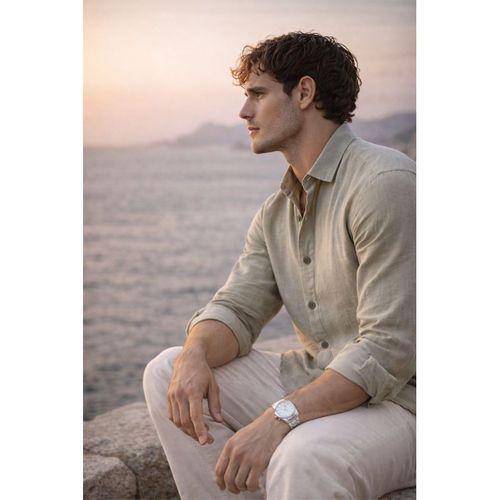 Nefes Alabilir Yarım Oversize Müslin Kumaş Uzun Kol Yakalı Erkek Gömlek - Açık Haki