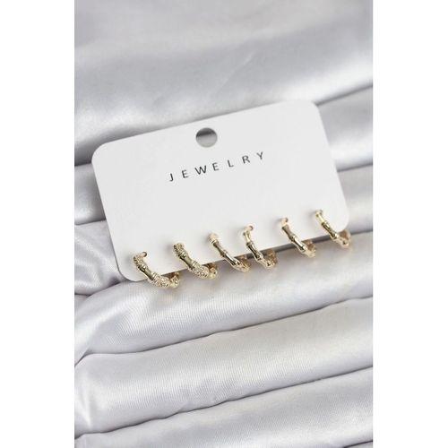 Gold Renk Pirinç Kemik Model 3 Çift Kadın Küpe Seti