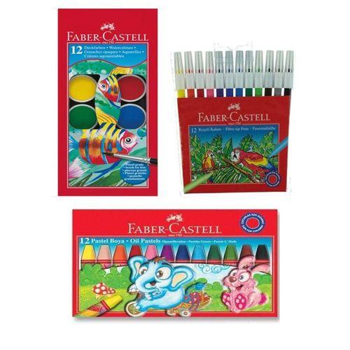 Faber Castell Pastel Boya 12 li - Keçeli Boya Kalemi 12 li - Sulu Boya 12 li - 3 lü Set