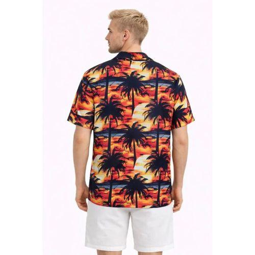 Erkek Gün Batımı Palmiye Desenli Kısa Kol Gömlek Hawaii Tarz Yazlık Rahat Kalıp - Desenli