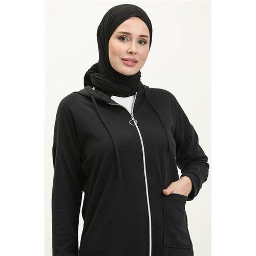 Kapşonlu Fermuarlı Yırtmaçlı Uzun Sweat Pantolon Spor İkili Takım - 03055.003 - Siyah