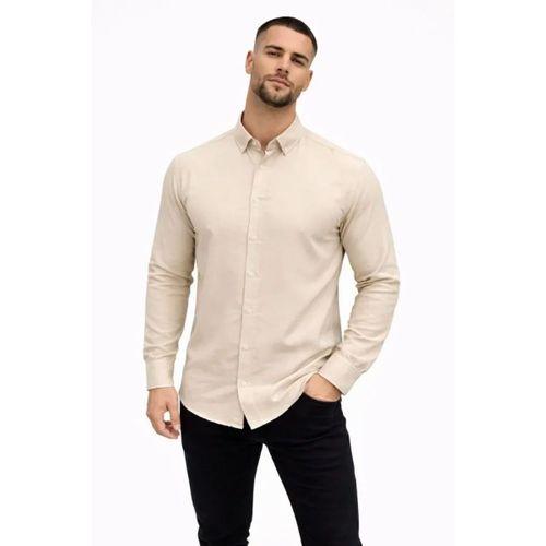 Erkek KETEN Kumaş Oversize Uzun Kollu Rahat Kalıp Gömlek - Bej