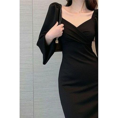 Kadın Uzun Kollu Kalp Yakalı Midi Ithal Krep Elbise