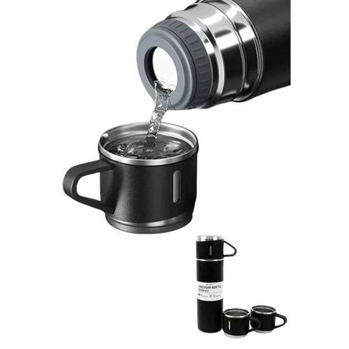 Termos Paslanmaz Çelik Termos Siyah Renk 3 Bardaklı Termos Seti
