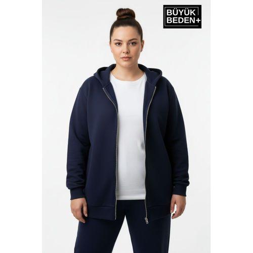 Kadın Büyük Beden Fermuarlı Kapüşonlu Sweatshirt Hırka - Rahat Kalıp SPR26BHR960