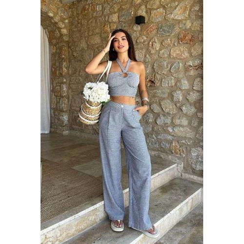 Vesna Keten Çizgili Crop Takım 9806-0025