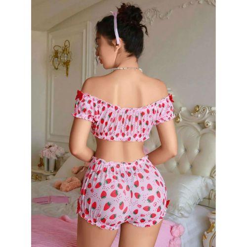 Kadın Pembe Çilek Desenli Şortlu Pijama Takımı