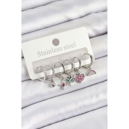 Pirinç Zirkon Taşlı Karpuz Yonca Kalp Pusula Karışık Model Gümüş Renk 6'lı Set Kadın Küpe