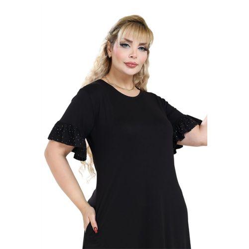 Melsay Butik Siyah Kolları Taş Baskılı Fırfırlı Kısa Kollu Kadın Midi Elbise