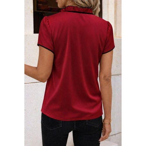 Kadın Kısa Kollu Yakası Fırfırlı Bağcıklı Janjan Krep Bluz